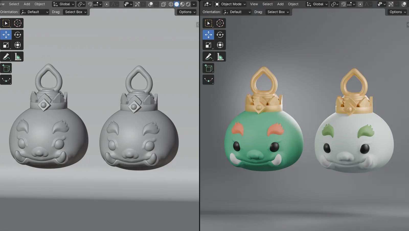 เปรียบเทียบโมเดลสีเทากับโมเดลลงสีเขียวและขาว มงกุฎทอง