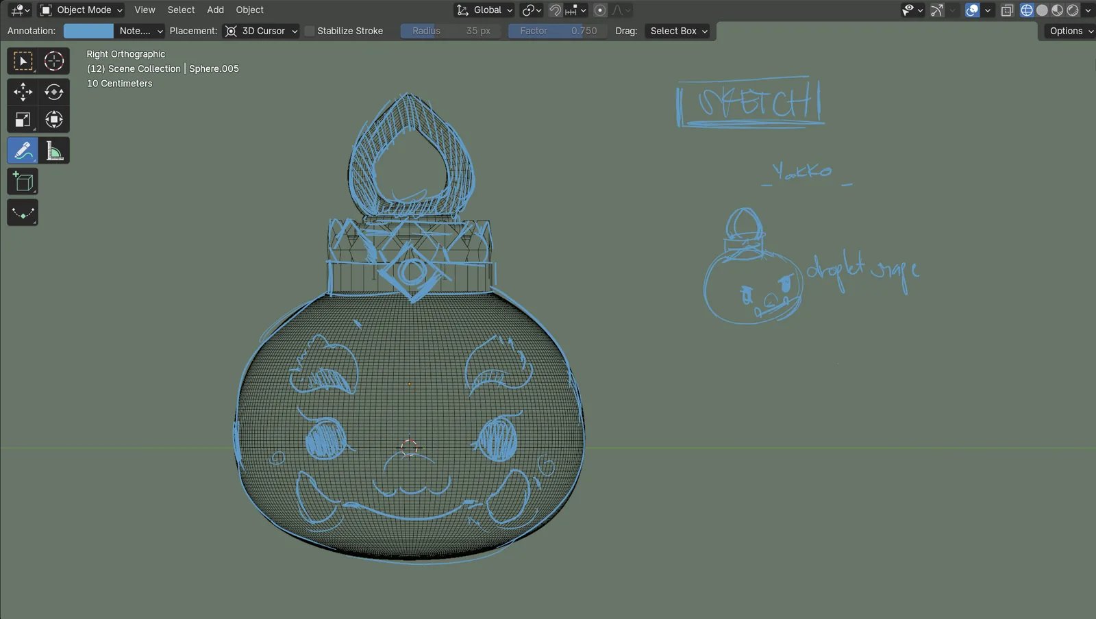 สเก็ตช์เส้นสีฟ้าบน wireframe ทรงหยดน้ำ พร้อมโน้ต Yakko droplet shape